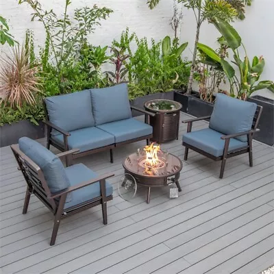 LeisureMod Walbrooke Brown Aluminum Patio Sofa Set Round Fire Pit Navy Blue • $3118.07