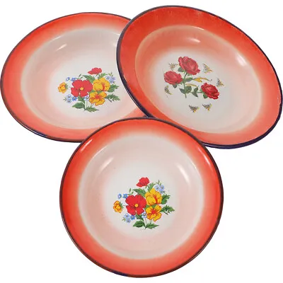  3 Pcs Food Serving Plate Flowers Decor Enamel Camping Plates Ceramic Metal • £10.90