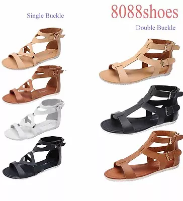 Women's Becah Strappy Buckle Zipper Open Toe Flat Sandal Shoes Size 5.5 - 10 NEW • $12.34