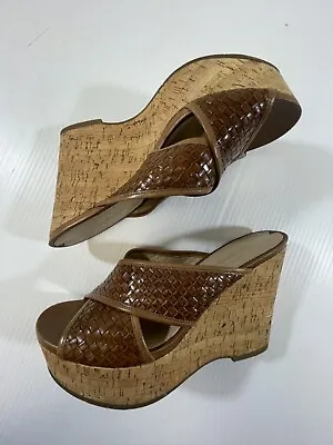 Via Spiga Woman’s Brown Basket Weave Leather High Wedge Heel Sandal Shoe 9.5M • $19.99