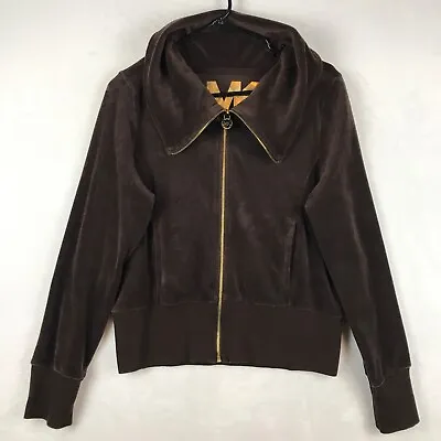 Michael Kors Womens Velour Zip Up Track Jacket Mock Neck Collar Brown Sz Medium • $12.65