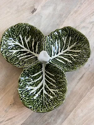 Portugal Green Cabbage Leaf 3 Section Serving Dish Pottery Ceramic Signed • $26.99