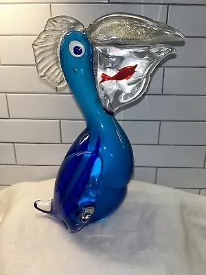 Beautiful Murano Glass Blue Pelican With Gold Fish Bowl Beak 10.5 “ Tall • $150