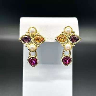 Vtg MONET Faux Pearl Pink Purple Yellow Glass DANGLE EARRINGS SIGNED Pierced • $34.99