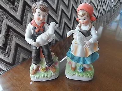 Vintage HOMCO Norleans German Boy & Girl Porcelain Figurines Goose Dog MCM Decor • $12.32