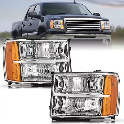 Pair For 2007-2013 GMC Sierra 1500 2500 3500 Chrome Headlights Amber Corner L+R • $69.29