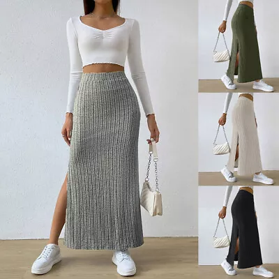 Women Knitted Ribbed Maxi Skirt High Waist Ladies Office OL Work Slit Half Dress • £12.79