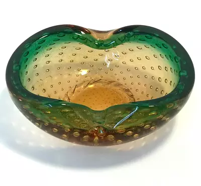 Vintage Murano Art Glass Ashtray W Controlled Bubble And Gold Specks • $45