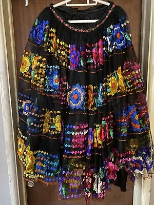 Hand Embroidedred Mexican Chiapaneco Skirt Traditional Folklorico Lined • $203.86