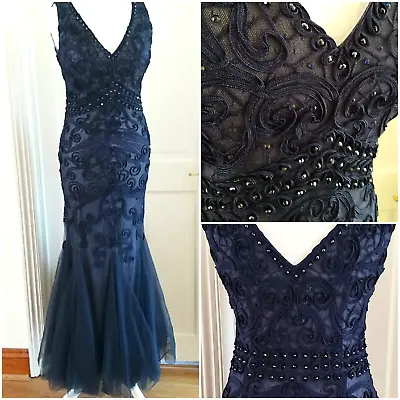 BNWOT ARIELLA Size 12 Navy Dallas Tapework Mermaid Fishtail Maxi Prom Occ' DRESS • £70