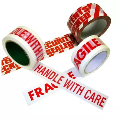 Printed Parcel Packing Tape 50mm X 66m FRAGILE HANDLE WITH CARE CONTENTS CHECKED • £4.99