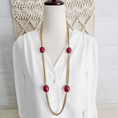 Les Bernard Inc Vintage Gold Tone Chain & Large Marbled Dark Red Bead Necklace • $38