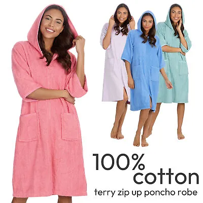 Ladies Terry Hooded Gown 100% Cotton Beach Zip Up Poncho Towel Beachwear 10-24 • £18.99