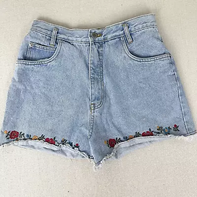 Vintage High Rise Womens Jean Cut Off Shorts 28' Waist Flower Embroidery • $16.99