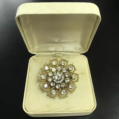 Signed Gorgeous Vintage Miriam Haskell Rhinestone & Gold Tone Brooch Pin Unique • $75