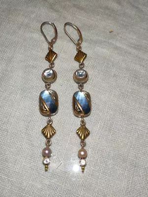 Mars And Valentine .925 Sterling Silver Topaz Aqua Glass Dangle Earrings • $169.62