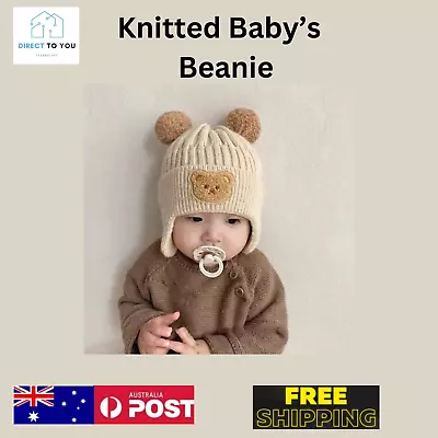 Knitted Baby Cap With Earflaps Boys Cute Bear Pompom Korean Kids Hat Beanie Warm • $15.85