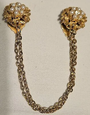 Vintage Gold Tone Floral Look Shawl Sweater Collar W/ Faux Pearls DblChain Clips • $9.19
