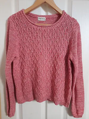 Marks & Spencer INDIGO Sz 12 Coral Pink Cable Fancy Knit Cotton Blend Jumper • £4.50