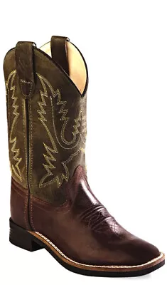 Old West Olive Green Youth Boys Leather Broad Square Toe Cowboy Boots • $41.99