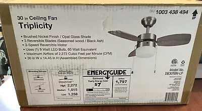 NEW SEALED Triplicity 30”Brushed Nickel Ceiling Fan With Light DB30TBN-LP B139 • $47.49