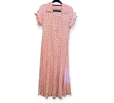 Vintage 1950s Handmade Pink & White Dress Full Skirt Side Zip Button Thru Bodice • $50