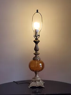 Vintage Mid Century Amber Optic Glass Table Lamp Antique Brass Base With Face • $95