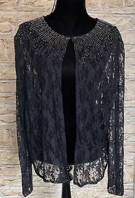 Hampstead Bazaar Black Floral Lace Coverup Cardigan Jacket Embellished Beaded 22 • £24