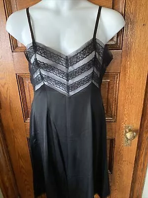 Vintage 1960s VANITY FAIR Sheered Lacy Panel Black Nylon FULL SLIP  Women's 38 • $28.89