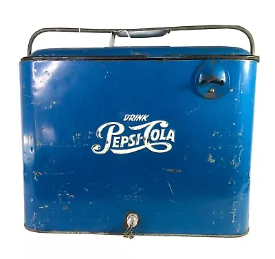 Vintage 1950’s Drink Pepsi Cola Blue Metal Portable Picnic Cooler/Ice Box • $259