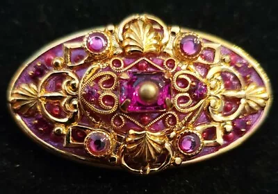 Vintage Deco Style Michal Golan Oval Gold Tone Pink Crystal Brooch Pendant  • $49.99