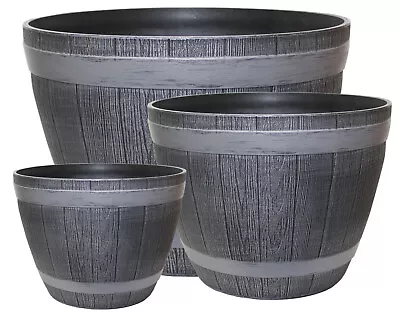 Grey Wooden Barrel Plant Pot Outdoor Garden Flower Tree Round Plastic Planter • £9.49