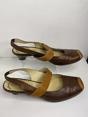 Caprice Brown Leather Square Toe Sling Back Shoes Size 5 Brown And Tan • £19.99