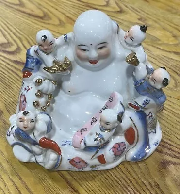 Porcelain Laughing Buddha Figure With 5 Children & Beads. Blue White & Gold • £75