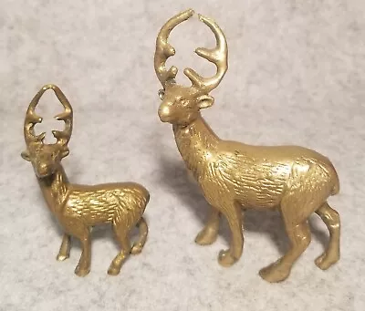 Set Of 2 Brass Minature  Buck Elk Deer Stag Figurine   4.9 X2.5   &  2.75 X1.75  • $15.97