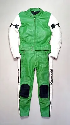 Vintage Kawasaki Motorcycle Racing Leather Suit Size 52 TeamGreen 2piece Rare! • $259