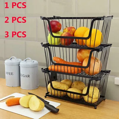 3Pcs Metal Wire Vegetable Fruit Storage Basket Kitchen Stackable Rack W/Handle • £7.89