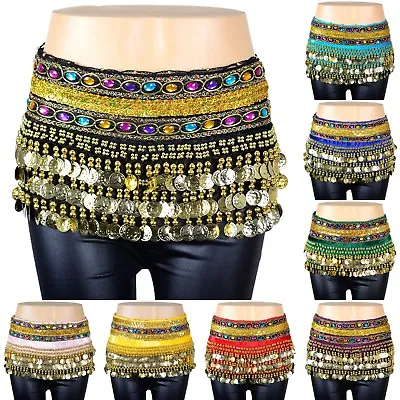 NEW Belly Dance Hip Scarf Skirt Wrap Gold Coins Band Gemstone Velvet Belt Skirt • £14.38