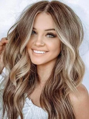 100% Human Hair New Women's Long Natural Blond Brown Mix Wavy Full Wig 24 Inch • $35.98