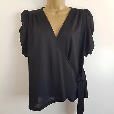 £7.95 • Buy NEW Ex ASOS 10-18 Black Wrap Front Knot Bow Side Puff Sleeve Smart Blouse Top