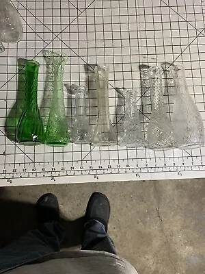 Lot Of 7 Clear Green Bud Vase Glass B254 • $29.83