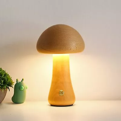 Mushroom Table Lamp Dimmable Night Light USB Rechargeable Wooden Bedside Light • £15.89