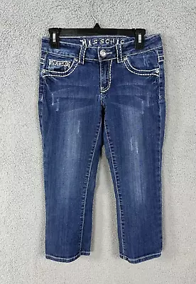 Miss Chic Jeans Womens Juniors 5 Blue Denim Capri Embroidered Rhinestone Pockets • $14.44