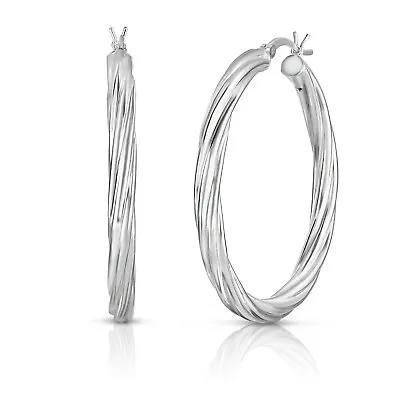 925 Sterling Silver 14K White Gold Plated Twisted Hoop Earrings Gift- 40mm • $10