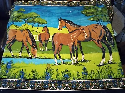 Vtg 53.5 X38.5  80s Velvet Tapestry Wall Hanging Horse Ranch Grazing Art Border • $24.31