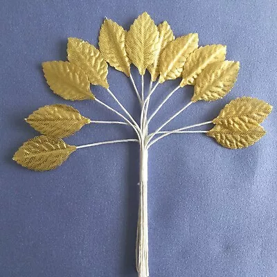 24 Single Gold Leaves Wire Stems Christmas Crafts Cards Buttonholes Corsage • £2.99