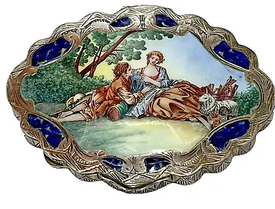 Antique Italian 800 Silver Gold Wash Faux Lapis Lazuli Hand Paint Enamel Compact • $345