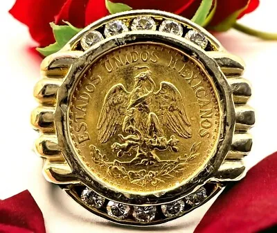 14K Solid Gold & Diamond Ring W/ 90% 1945 Dos Pesos Mexican Gold Coin #R1131 • $797