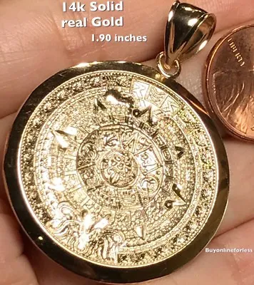 $483 • Buy GOLd Aztec Azteca Calendar Pendant 14k Solid Mayan Necklace Oro 1.90  Big Large