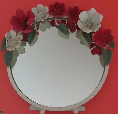 Vintage 50s Style Toleware Laura Ashley Floral Round Metal Mirror Free Standing • £23